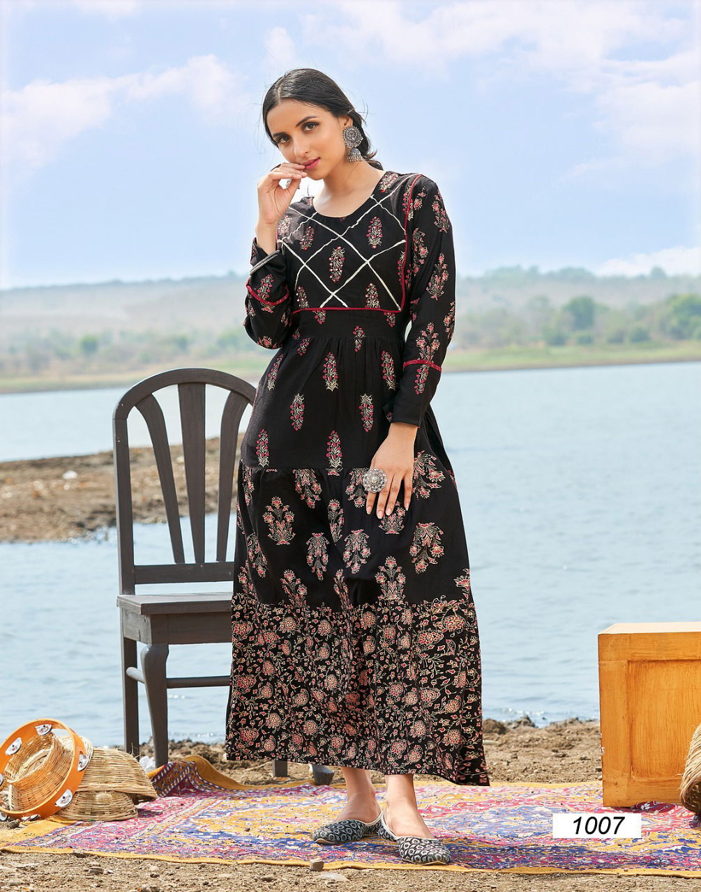Banwery Fairy Stories 1 Rayon Printed Party Wear Long Anarakli Kurti Collection
